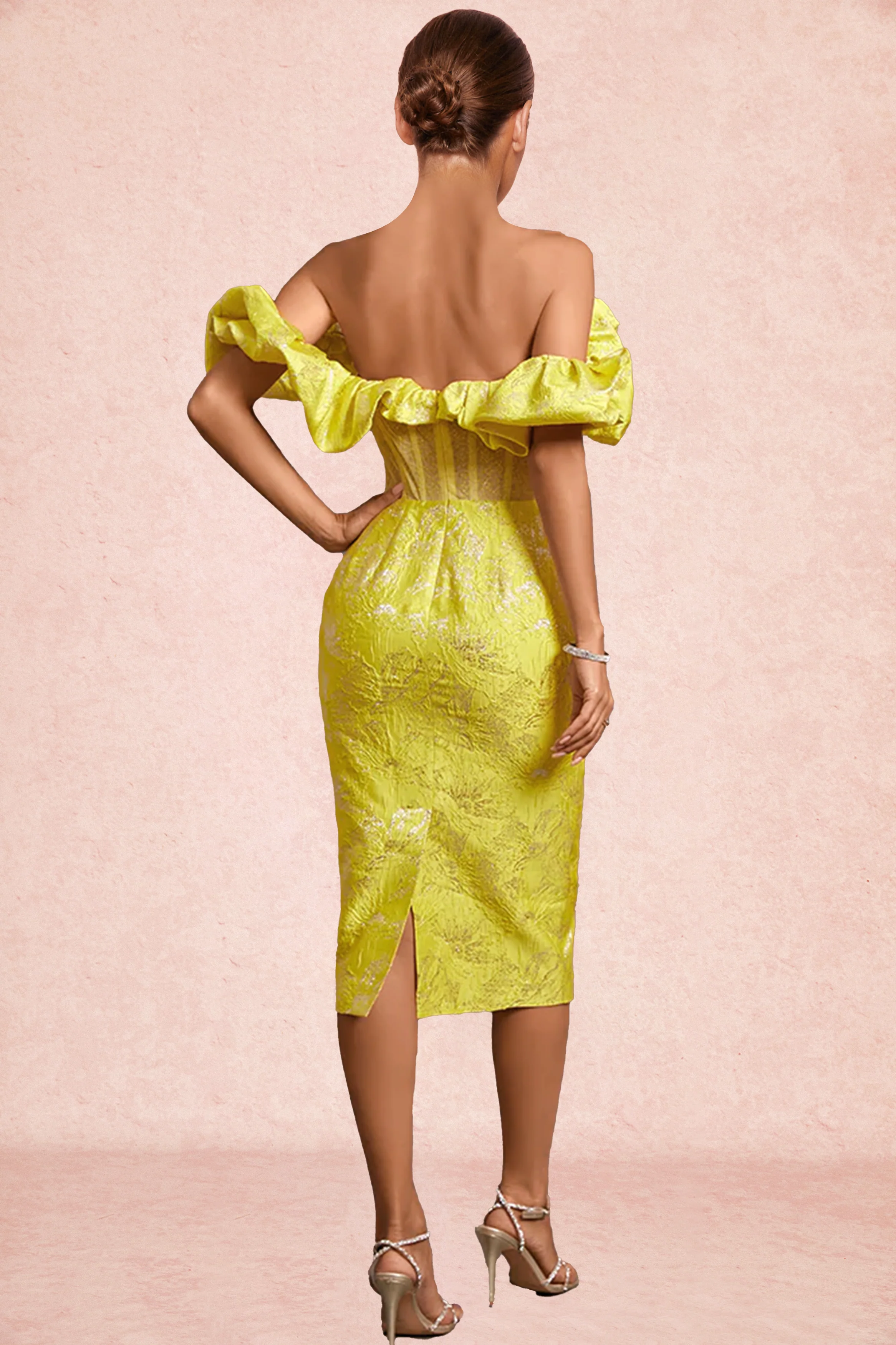 Yellow Off Shoulder Pleated Midi Bodycon Dress - Image 2