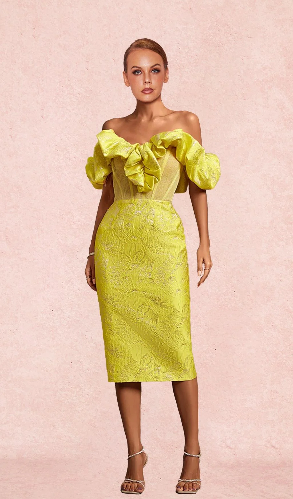 Yellow Off Shoulder Pleated Midi Bodycon Dress - Image 3