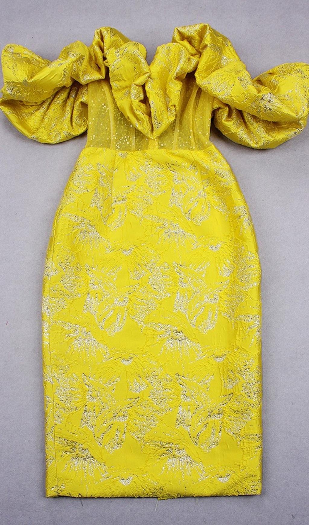 Yellow Off Shoulder Pleated Midi Bodycon Dress - Image 4