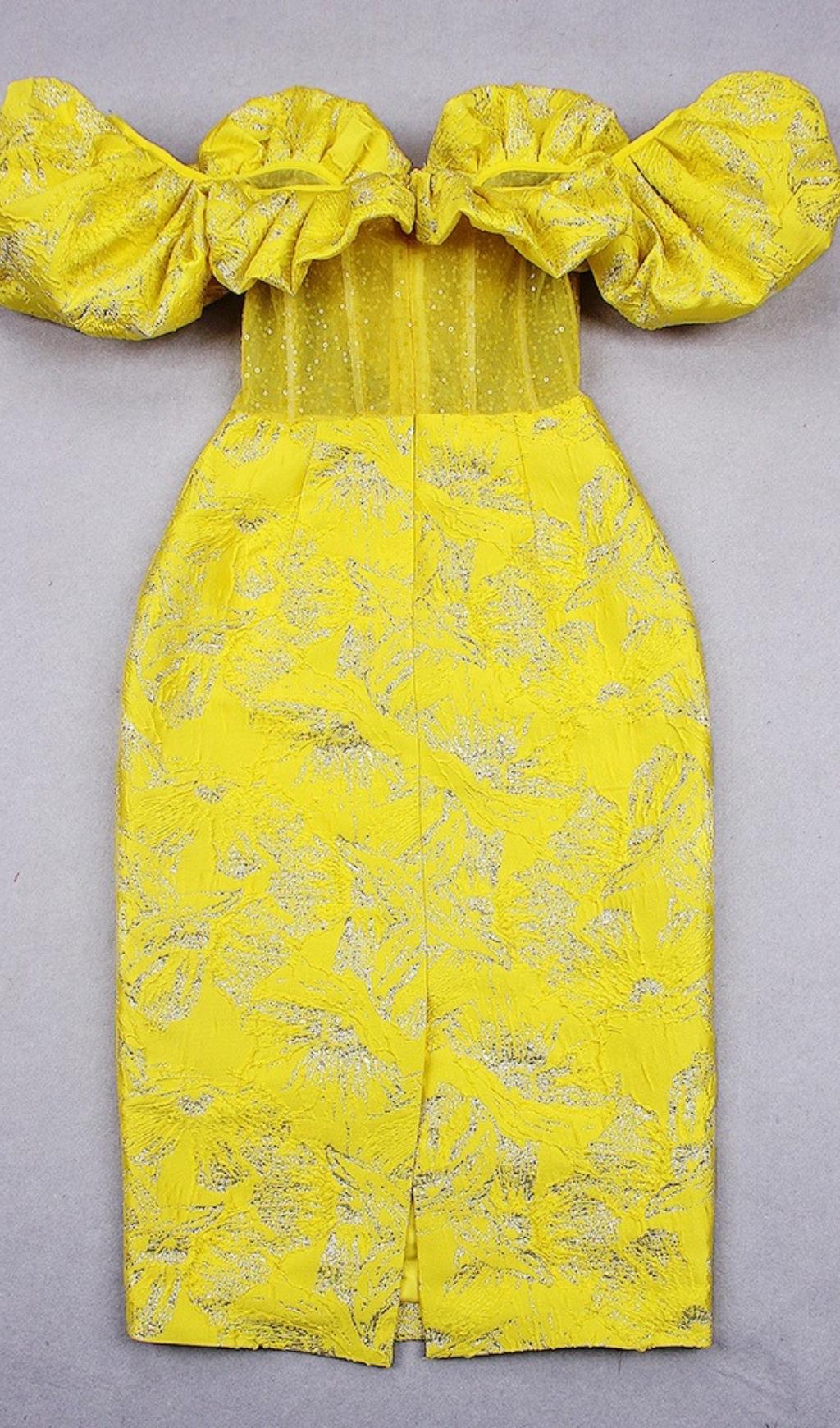 Yellow Off Shoulder Pleated Midi Bodycon Dress - Image 5