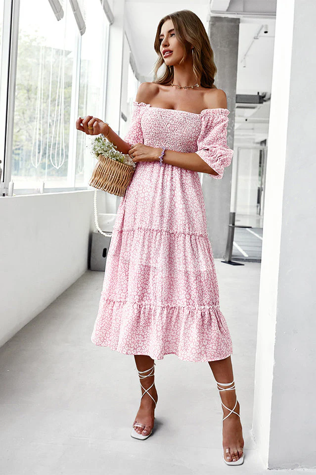 Off Shoulder Smocked Midi Dress - Image 14