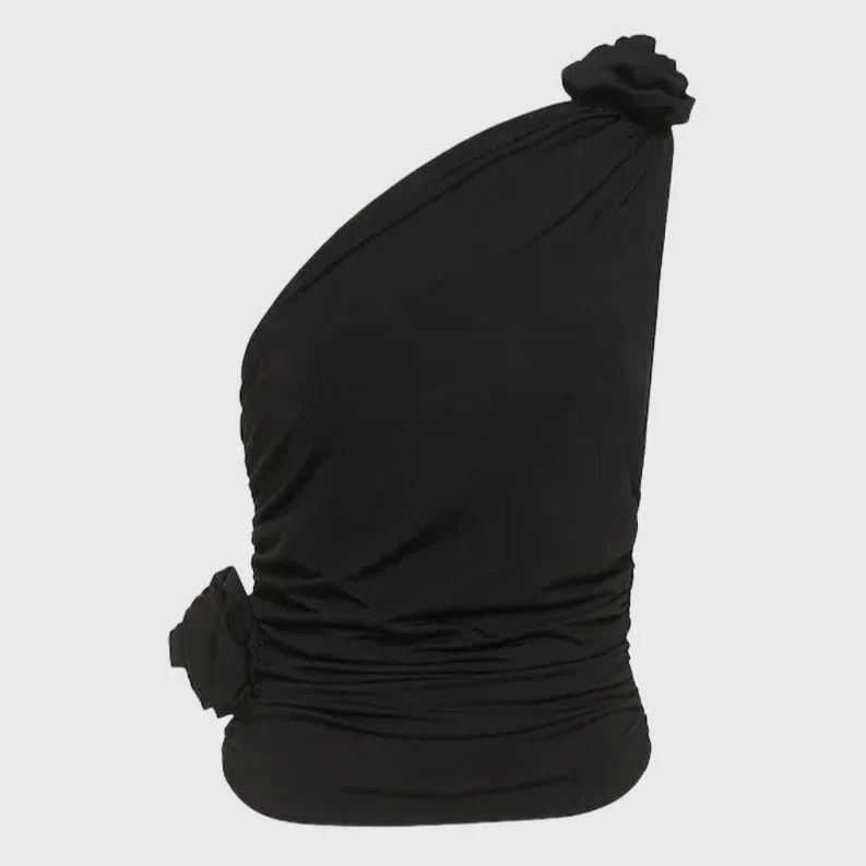 Black ONE SHOULDER TOP with Flowers - Image 2