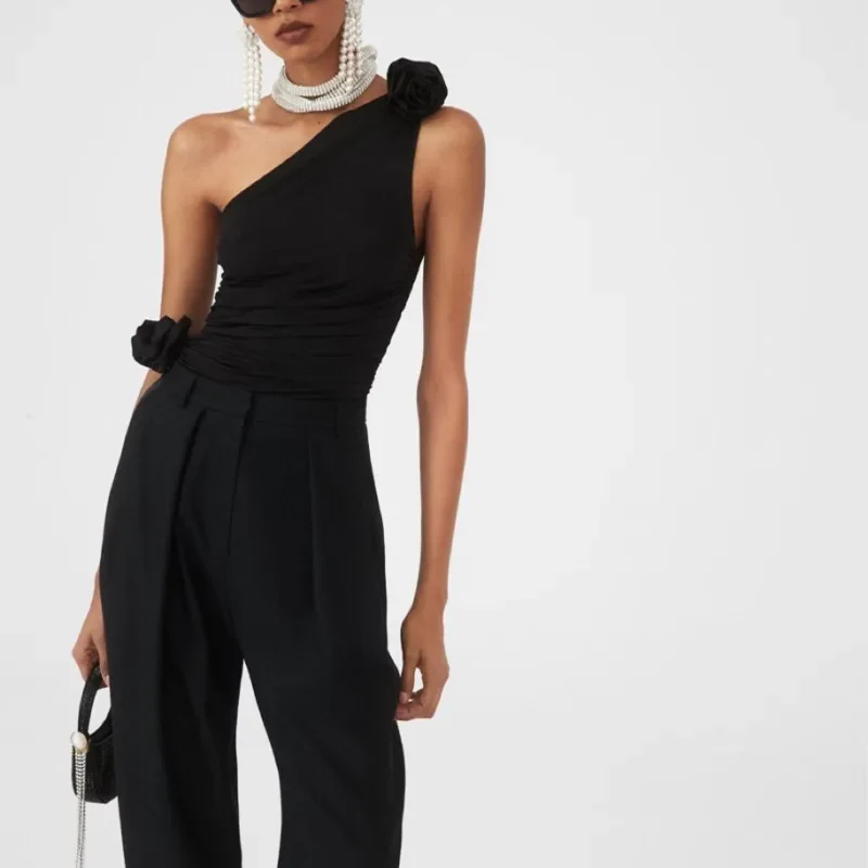 Black ONE SHOULDER TOP with Flowers - Image 3