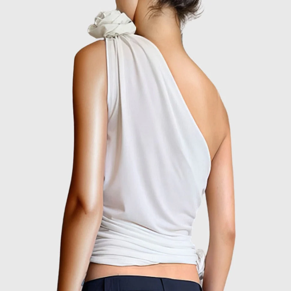 WHITE ONE SHOULDER TOP with Flowers - Image 2