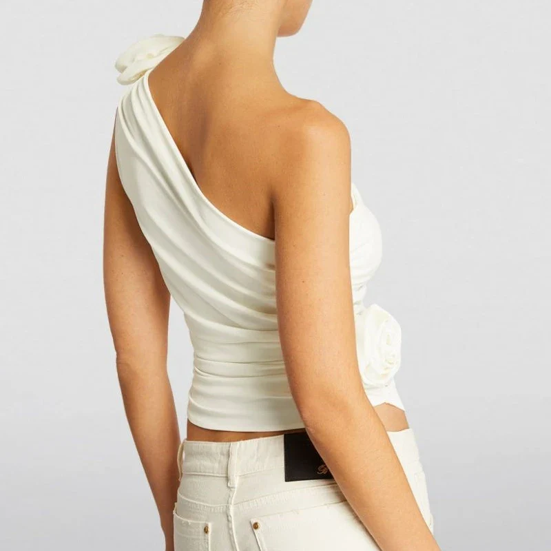 WHITE ONE SHOULDER TOP with Flowers - Image 4