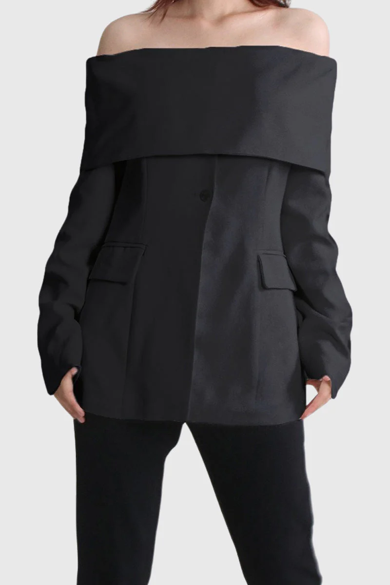 Off Shoulders Blazer with Front Cut - Black - Image 3
