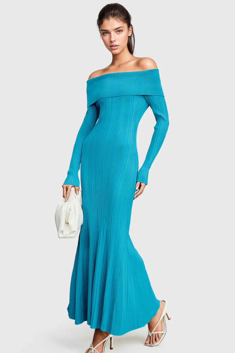 Off Shoulders Knitted Maxi Dress - Blue - Image 2