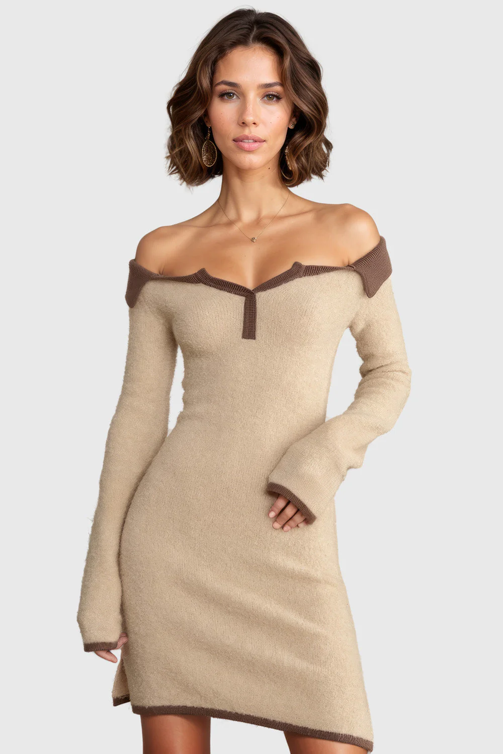 Off Shoulders Knitted Short Dress - Brown - Image 3