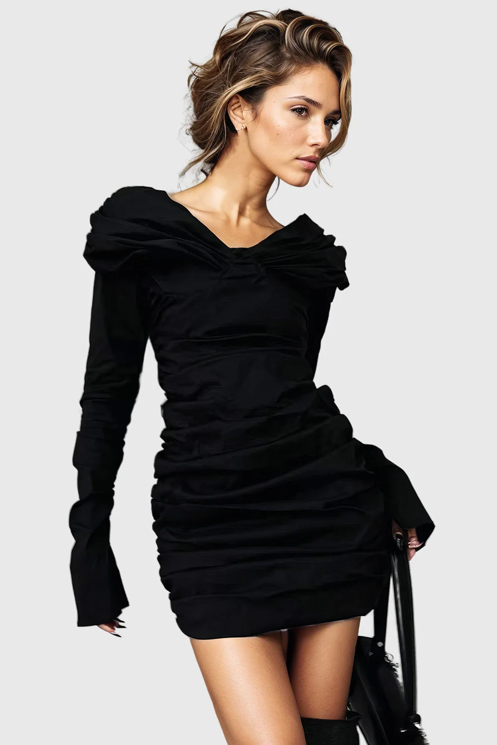Off Shoulders Ruched Mini Dress - Black - Image 2