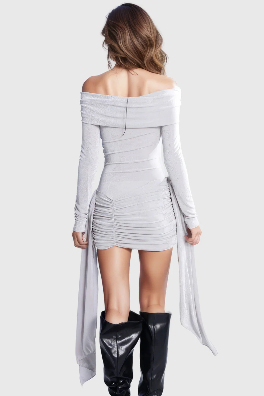 Off Shoulders Ruched Mini Dress - Grey - Image 2