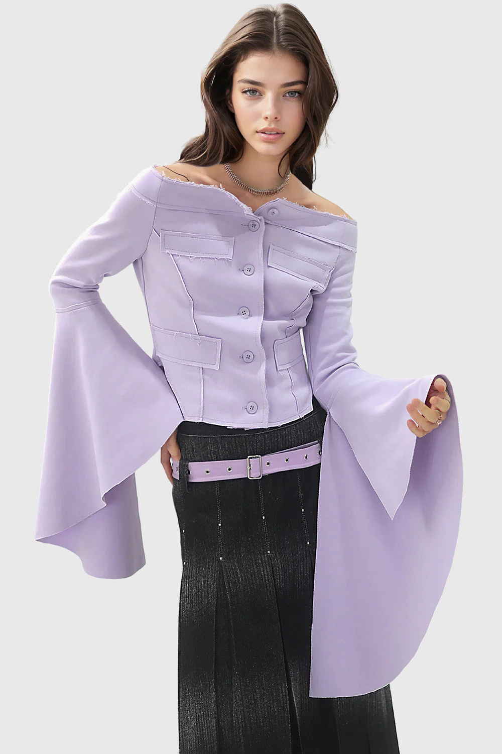 Off Shoulders Shirt with Extra Long Sleeves - Purple - Image 2