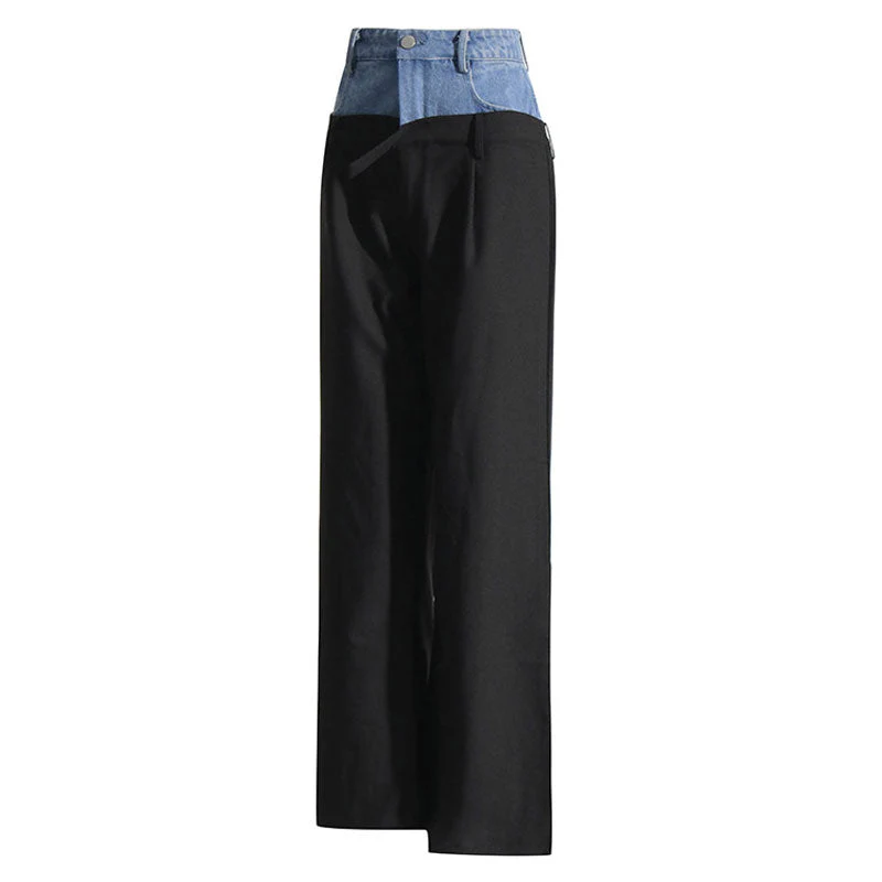 Offbeat Contrast Distressed Denim Hybrid Double Waistband Straight Leg Pants - Image 2