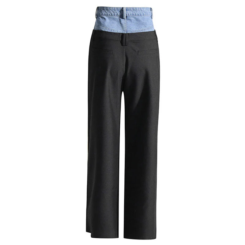 Offbeat Contrast Distressed Denim Hybrid Double Waistband Straight Leg Pants - Image 3