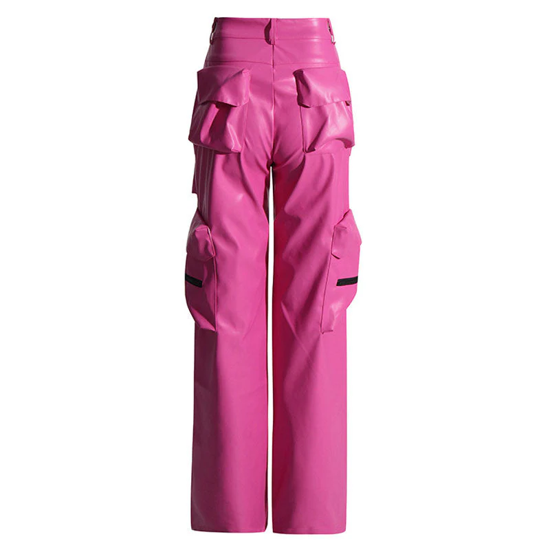 Offbeat High Waist Contrast Zip Trim Cargo Pocket Wide Leg Vegan Leather Pants - Image 2