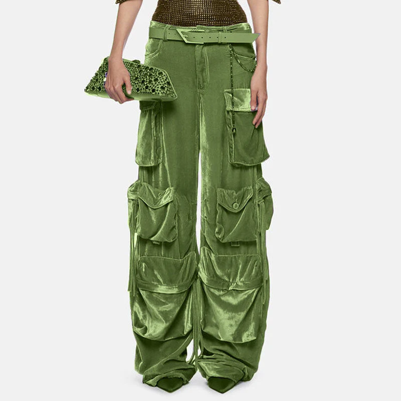 Offbeat Low Waist Multiple Pocket Wide Leg Polished Velvet Cargo Pants - Image 2