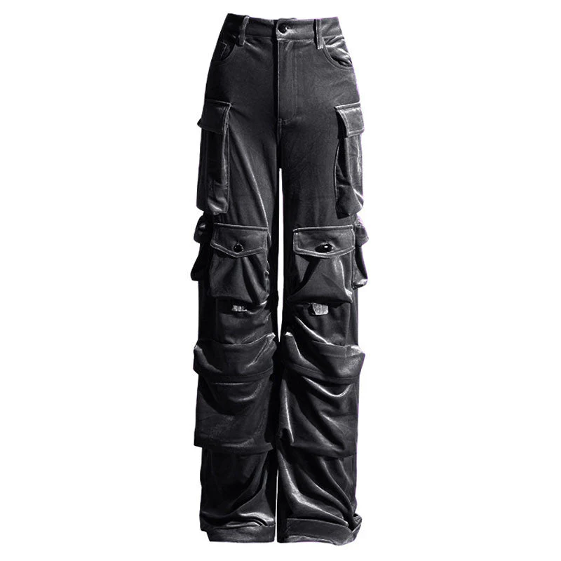 Offbeat Low Waist Multiple Pocket Wide Leg Polished Velvet Cargo Pants - Image 3