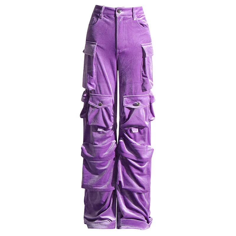 Offbeat Low Waist Multiple Pocket Wide Leg Polished Velvet Cargo Pants - Image 4