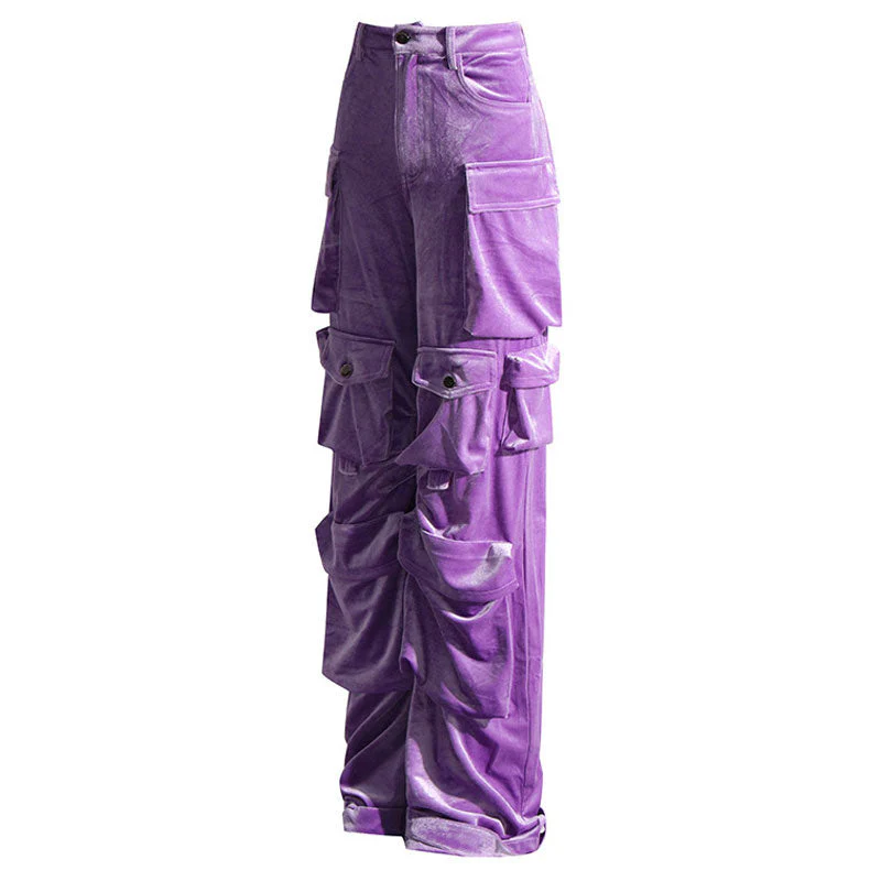Offbeat Low Waist Multiple Pocket Wide Leg Polished Velvet Cargo Pants - Image 5