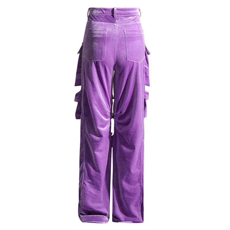 Offbeat Low Waist Multiple Pocket Wide Leg Polished Velvet Cargo Pants - Image 6