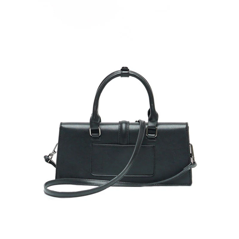 Office Style Faux Leather Top Handle Crossbody Baguette Bag - Black - Image 2