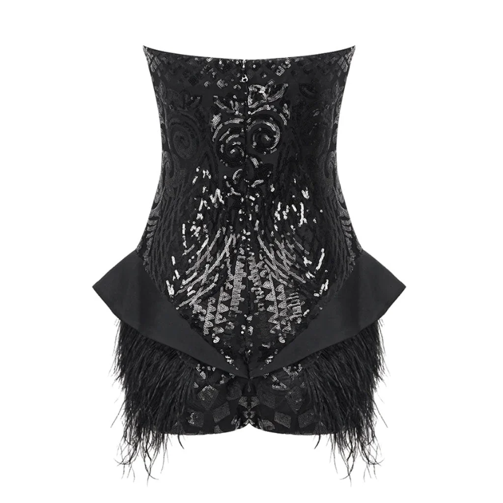 Old Hollywood Scoop Neck Ruffle Faux Feather Sequin Lace Party Tube Bodysuit - Image 8