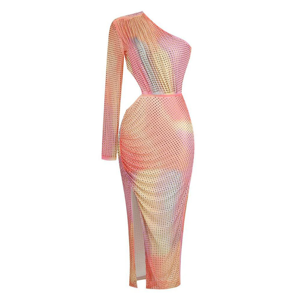 Ombre Rainbow Rhinestone CutOut Split Ruched One Shoulder Mesh Midi Cocktail Dress - Image 2