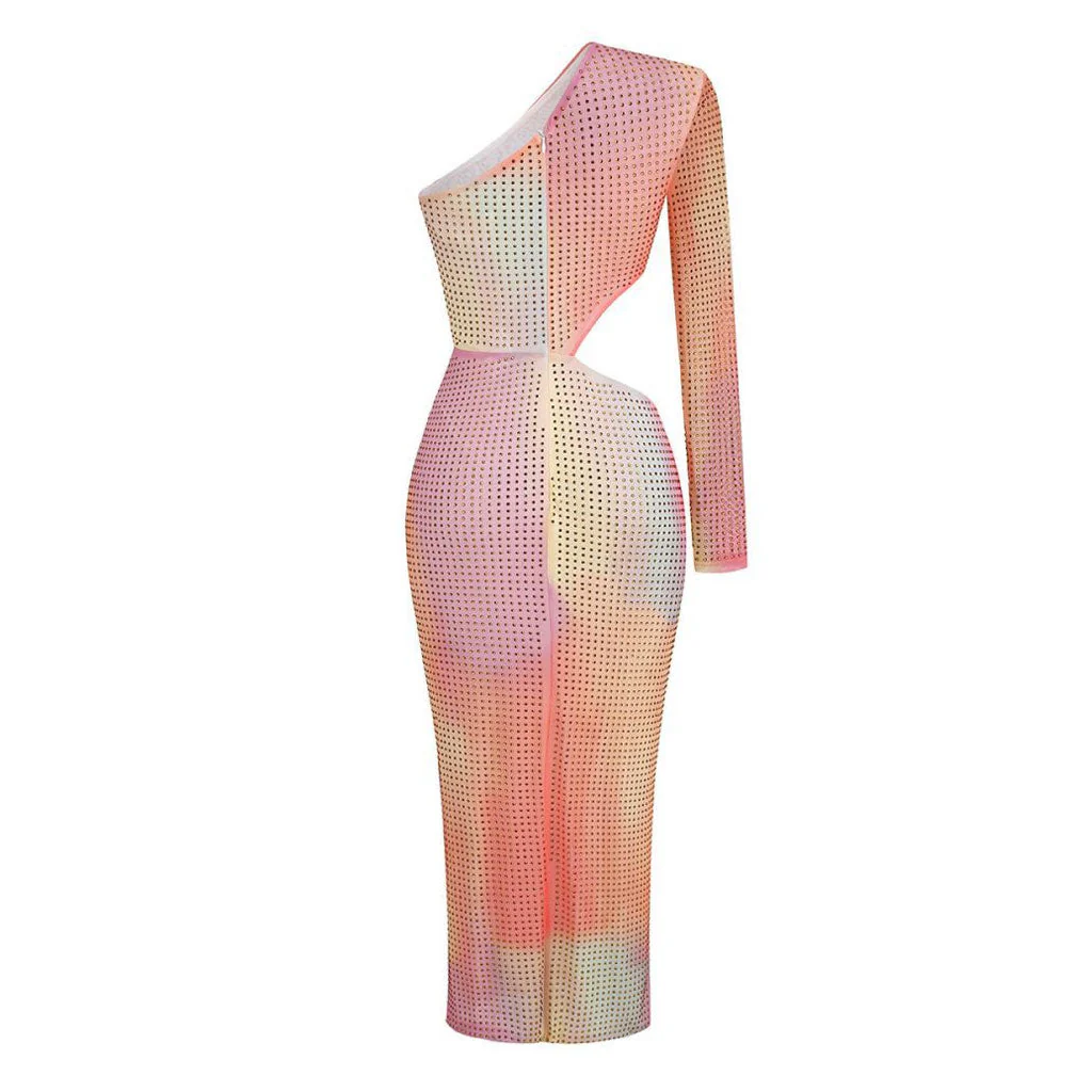 Ombre Rainbow Rhinestone CutOut Split Ruched One Shoulder Mesh Midi Cocktail Dress - Image 3