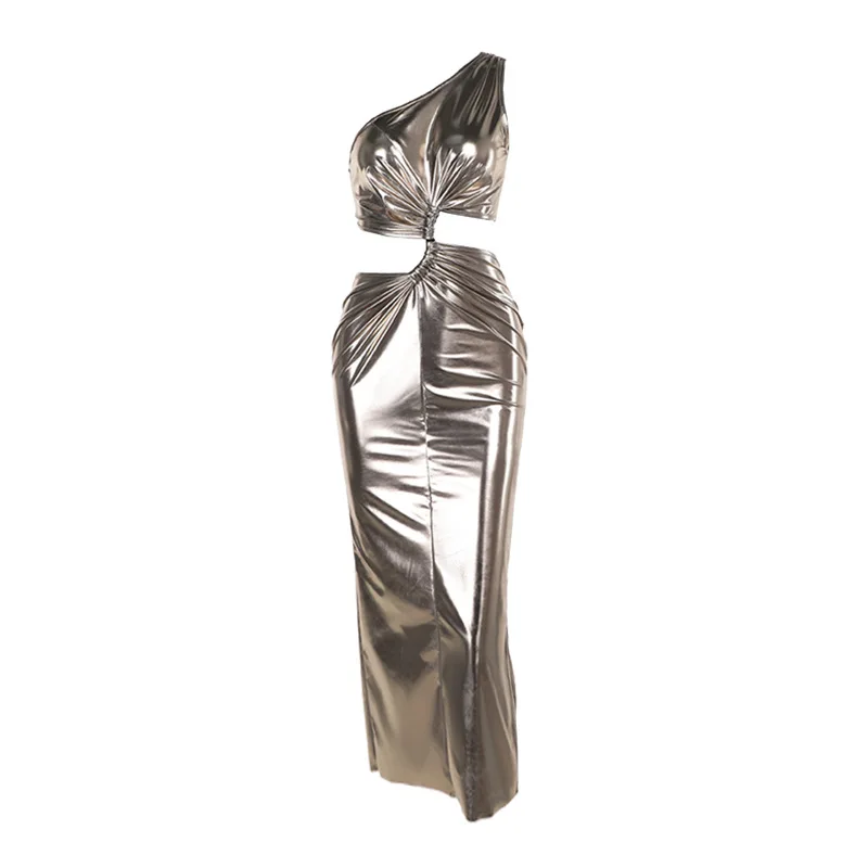 ONE SHOULDER SILVER BODYCON MIDI DRES - Image 2