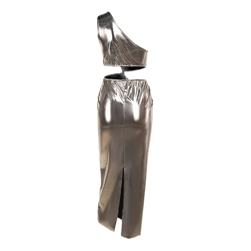 ONE SHOULDER SILVER BODYCON MIDI DRES - Image 3