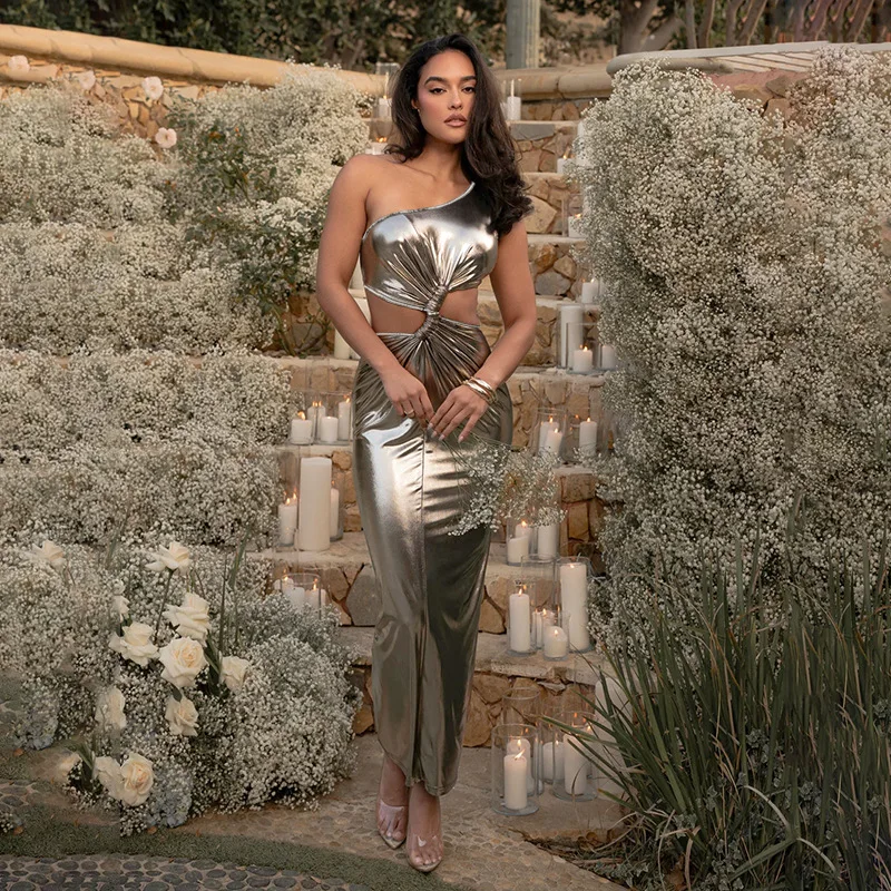 ONE SHOULDER SILVER BODYCON MIDI DRES - Image 4