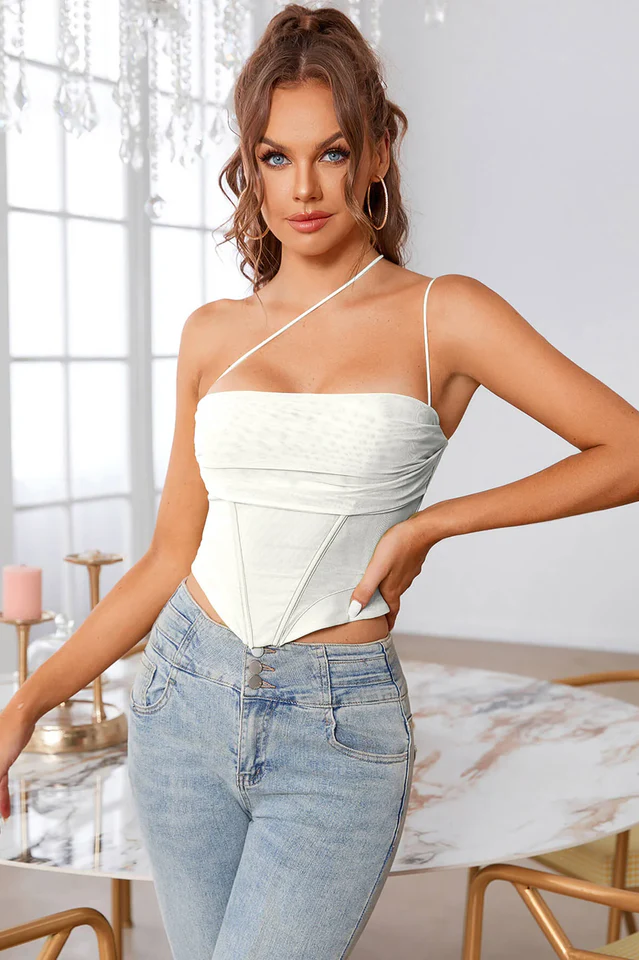 One Shoulder Asymmetrical Hem Mesh Top - Image 3