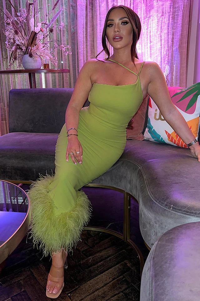 One Shoulder Halter Fur Swing Dress - Image 11