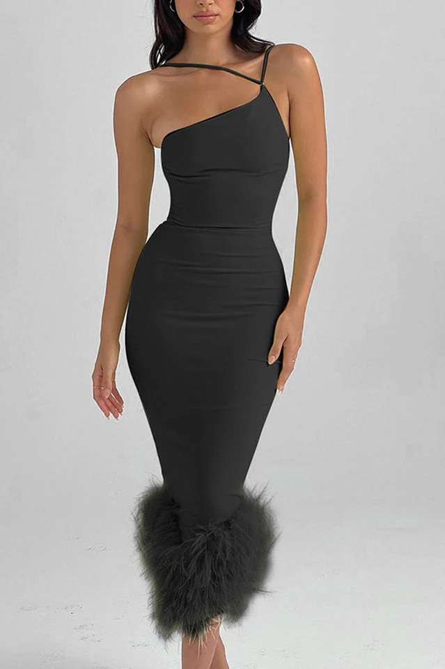 One Shoulder Halter Fur Swing Dress - Image 3