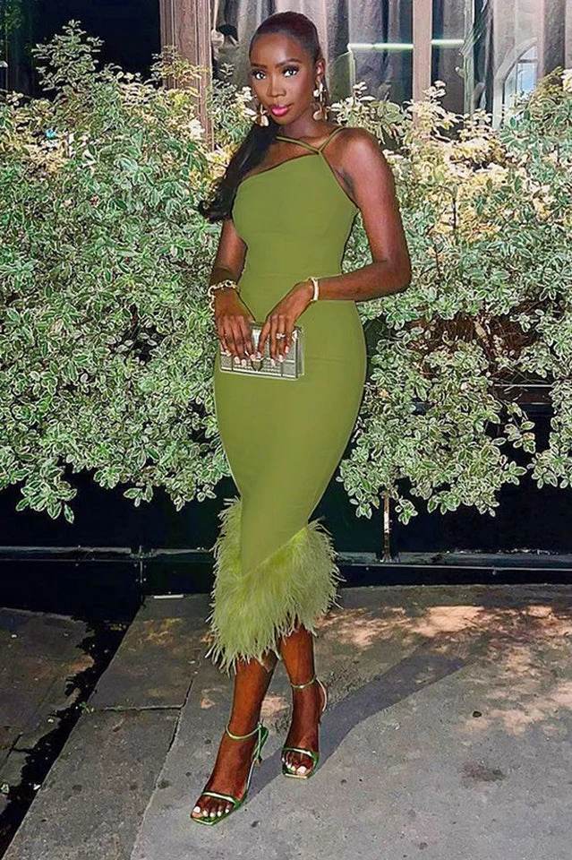 One Shoulder Halter Fur Swing Dress - Image 9