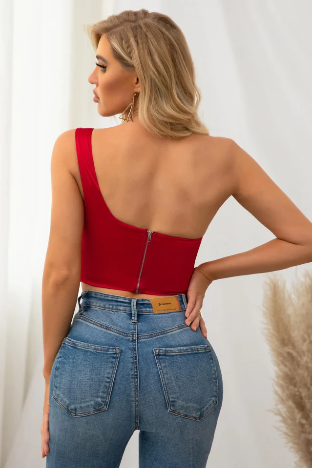 One Shoulder Hanky Hem Satin Top - Image 10