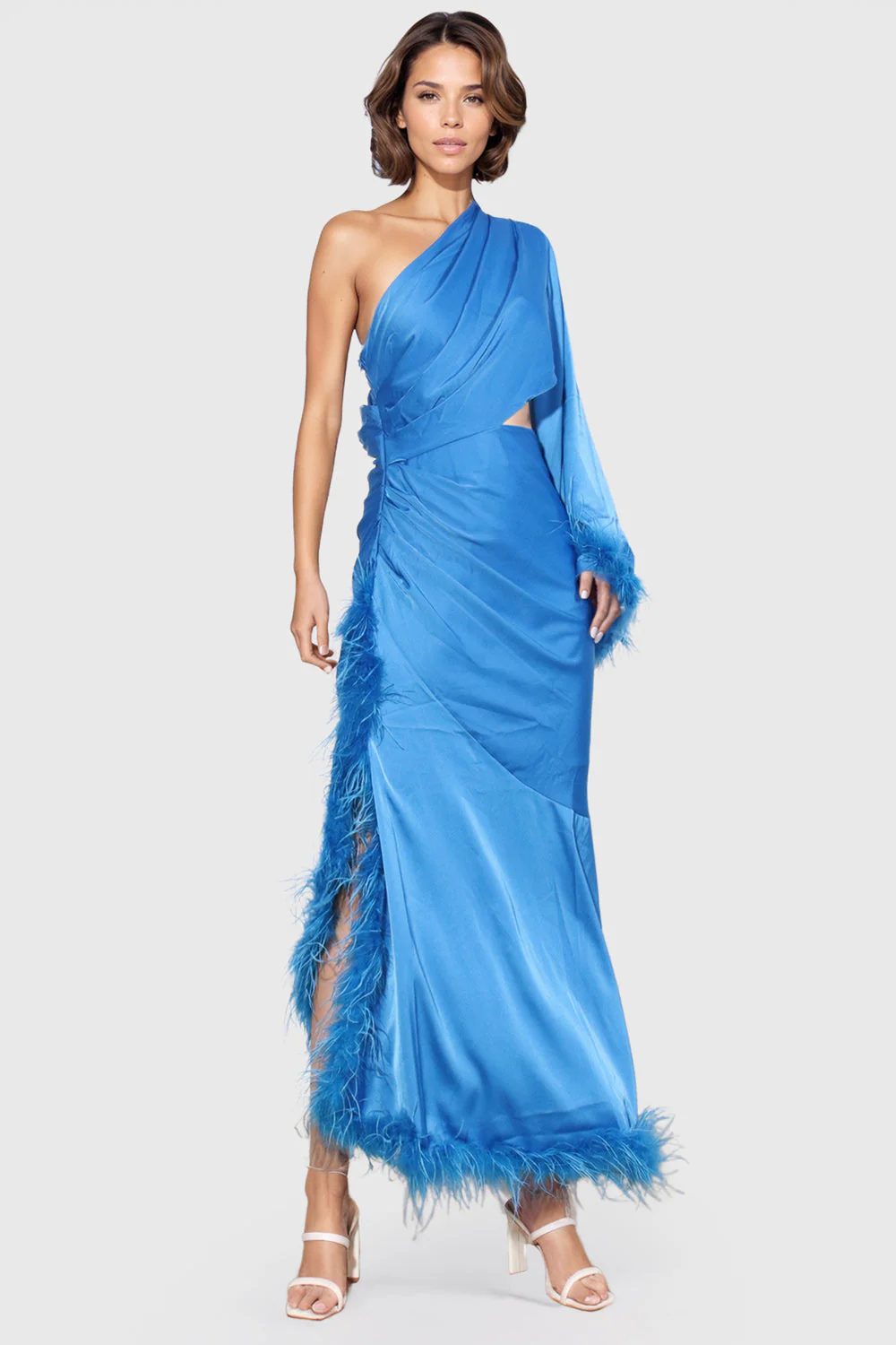 One Shoulder Maxi Skirt with Feathers - Blue - Image 2