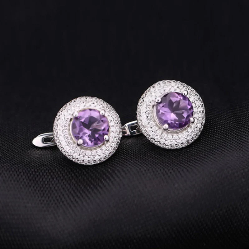 Opulent Amethyst Halo Clear Cubic Zirconia Cluster Stud Earrings - Image 2
