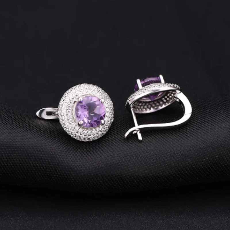 Opulent Amethyst Halo Clear Cubic Zirconia Cluster Stud Earrings - Image 3