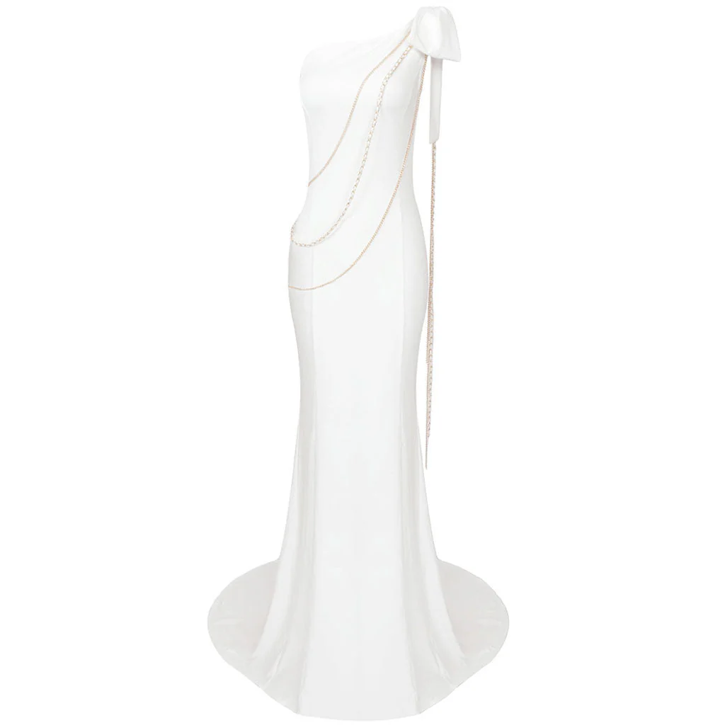 Opulent Big Bow One Shoulder Metallic Chain Fishtail Maxi Evening Dress - Image 4