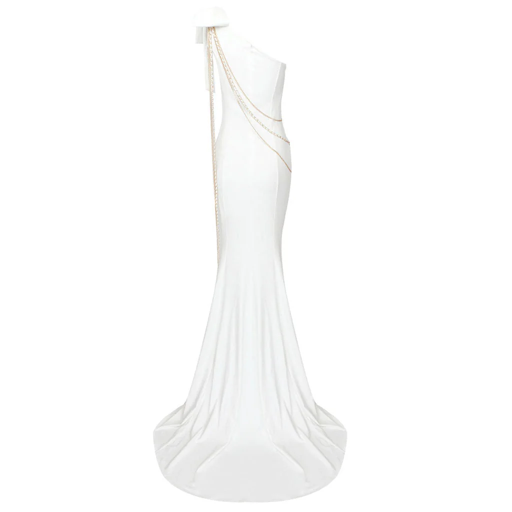 Opulent Big Bow One Shoulder Metallic Chain Fishtail Maxi Evening Dress - Image 5