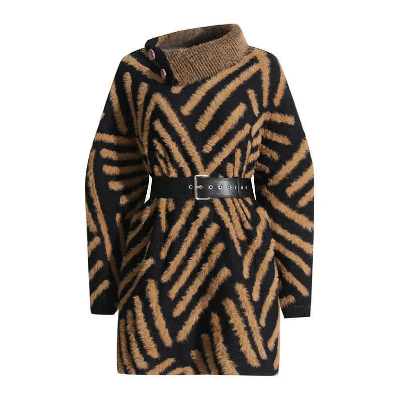 Opulent Button Trim High Neck Contrast Fluffy Stripe Long Sleeve Pullover Sweater - Image 2