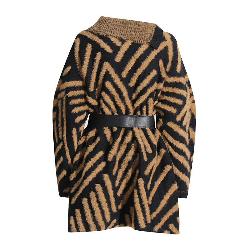 Opulent Button Trim High Neck Contrast Fluffy Stripe Long Sleeve Pullover Sweater - Image 3