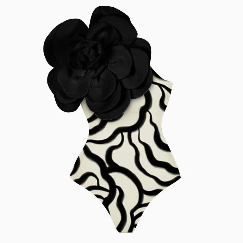 Opulent Contrast Rosette Applique One Shoulder Moderate One Piece Swimsuit - Image 3