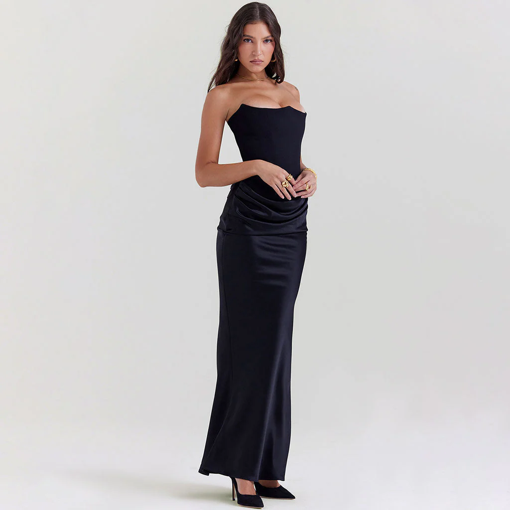 Opulent Crepe Strapless Corset Draped Silky Satin Fishtail Maxi Evening Dress - Image 3