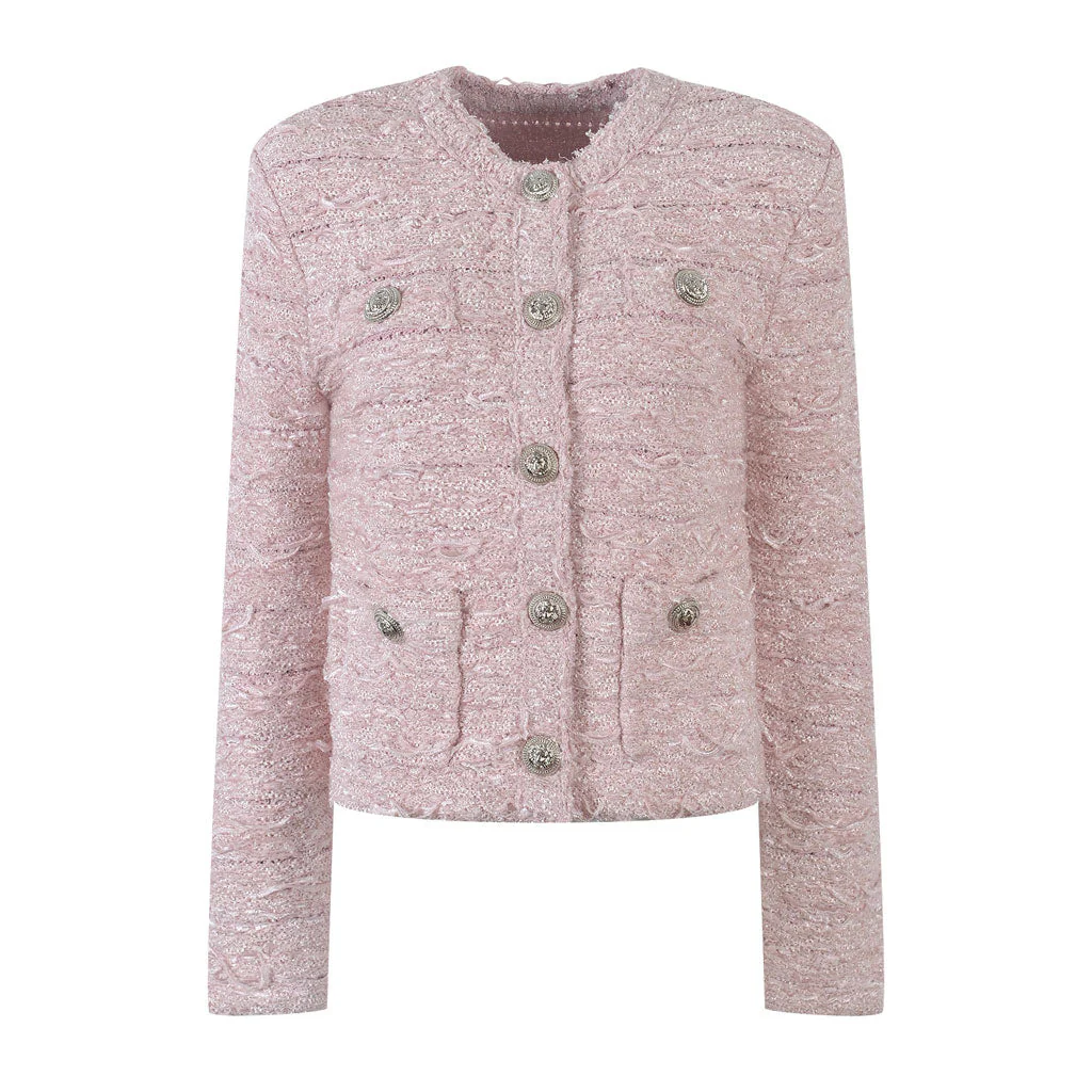 Opulent Crew Neck Button Up Padded Long Sleeve Textured Wool Knit Cardigan - Image 2