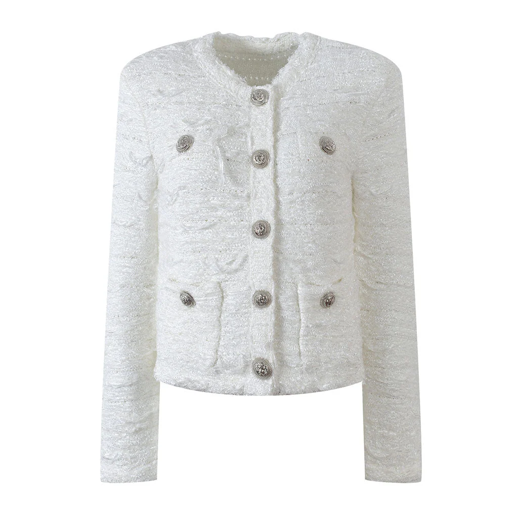 Opulent Crew Neck Button Up Padded Long Sleeve Textured Wool Knit Cardigan - Image 3