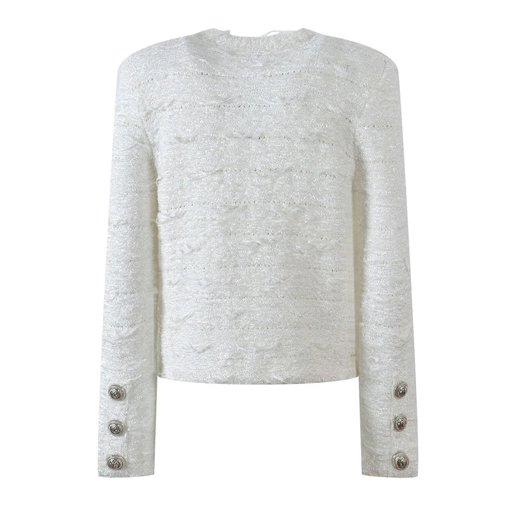 Opulent Crew Neck Button Up Padded Long Sleeve Textured Wool Knit Cardigan - Image 4