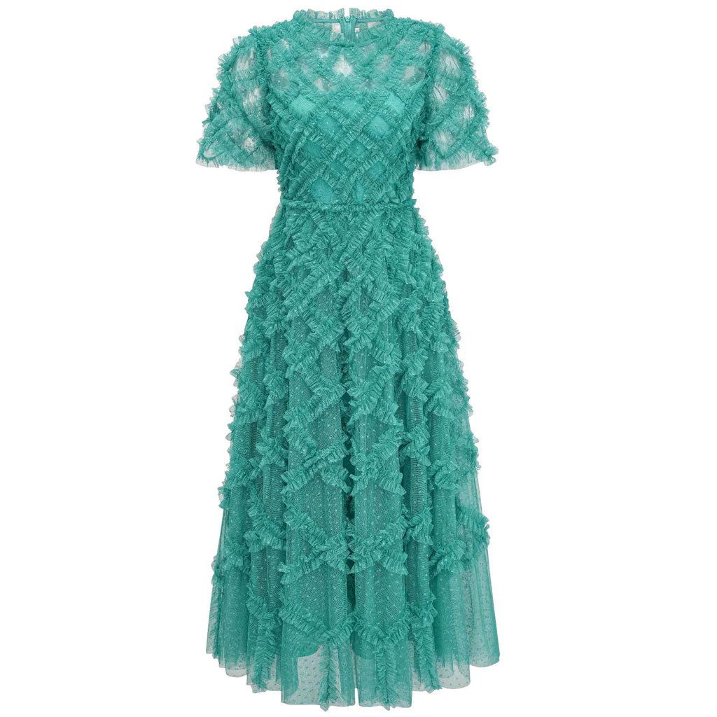 Opulent Crew Neck Sheer Sleeve High Waist A Line Dotted Tulle Ruffle Maxi Dress - Image 6