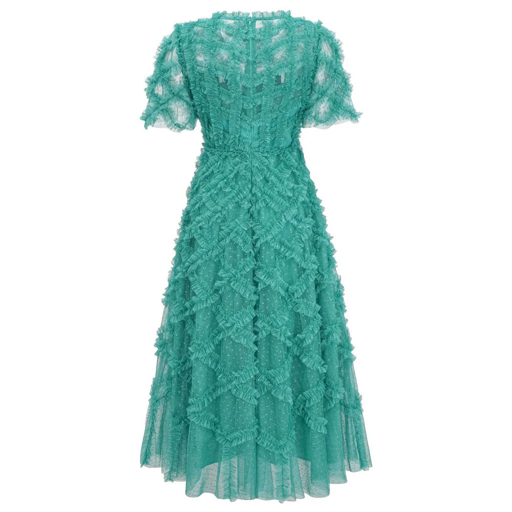 Opulent Crew Neck Sheer Sleeve High Waist A Line Dotted Tulle Ruffle Maxi Dress - Image 7