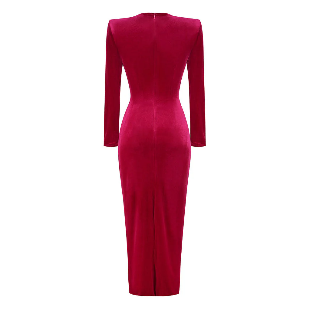 Opulent Crew Neck Shoulder Pad Long Sleeve Split Front Draped Velvet Maxi Evening Dress - Image 2